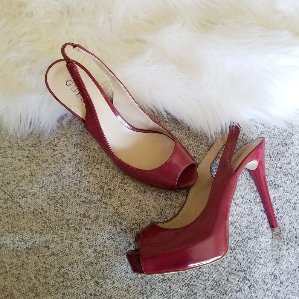 GUESS Red Peep Toe Platform Pumps